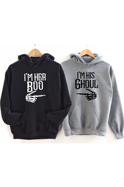 Boi Boo Ghoul Lover Couple Combination - Μαύρο γκρι εμπριμέ φούτερ με κουκούλα