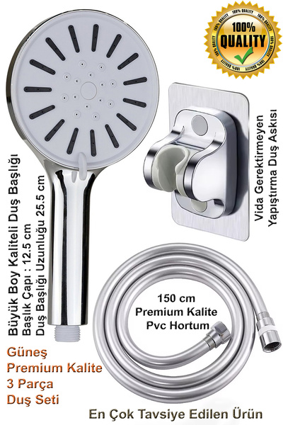 Plodna House Gümüş Gri 5 Fonksiyonlu Duş Başlığı Seti: 150cm Hortum + Yapışka...