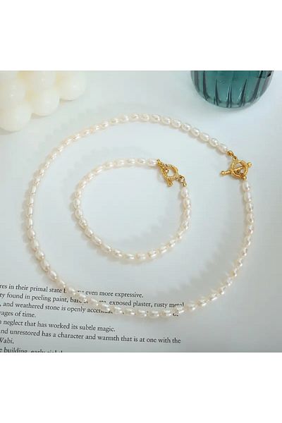 Tessero Set bratara si colier baza gatului din perle naturale de cultura albe, accesorii din otel inoxidabil