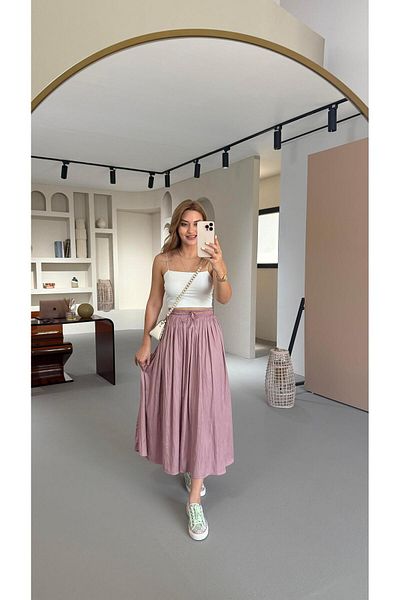 Sezgi Tekin Waist Elastic Wrinkled Texture Satin Midi Powder Pink Skirt