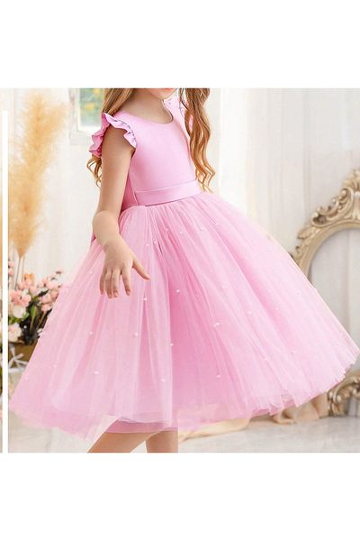 MadyaButik Girls Candy Pink Ruffle Sleeve Short Pearls Dress Graduation Birthday Special Occasion Evening Dress