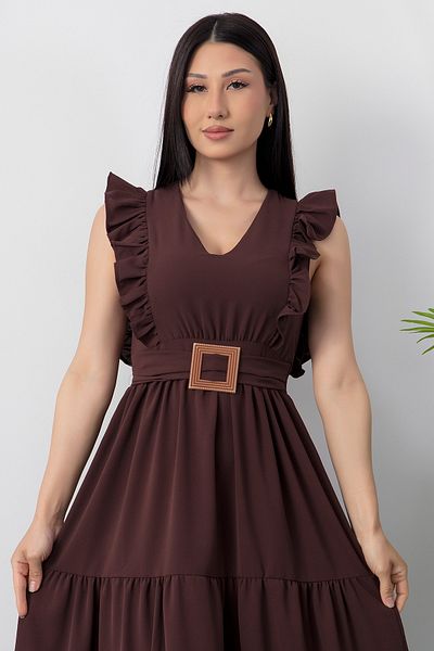 PULLIMM V-Neck Buckle Belt Dress Dks1296