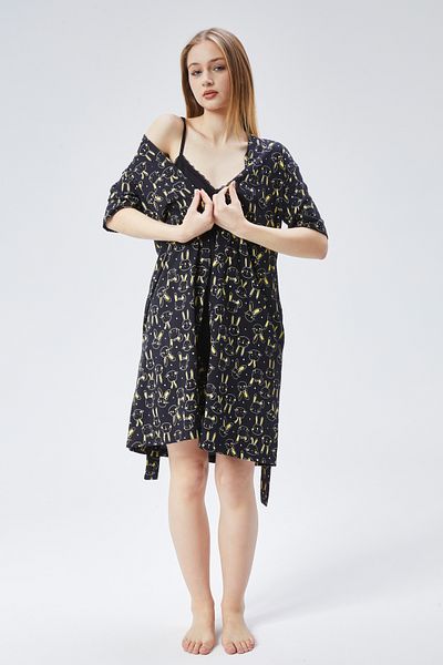M MOONCOVER Set de pijamale cu model din bumbac 100% din 3 piese pentru femei