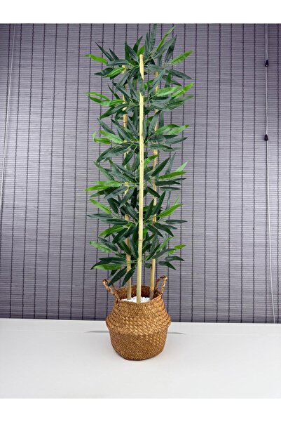 Bahçem Dekoratif Yapay Yapraklı Natural Hasır Bambu Sepetli Dekoratif Bambu Ağacı 100cm 3 Gövde