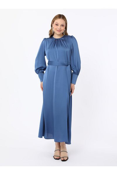 ALİA Satin Fabric Balloon Sleeve Plus Size Dress - Indigo- Alia