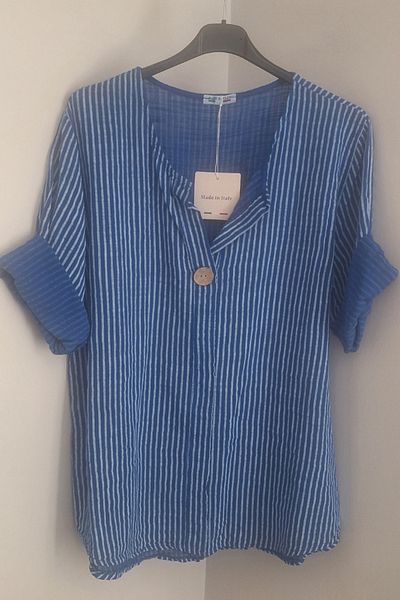 AYASOFYA OTANTIK Γυναικείο ιταλικό Saks μπλε ριγέ μανίκι 3/4 Oversize Casual 100% βαμβακερή μπλούζα τουνίκ