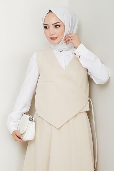 InStyle Cross Single Pocket Ecru Vest Suit