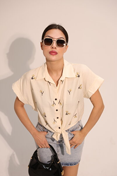 AURRARİ Λινό πουκάμισο με κοντό μανίκι με μοτίβο Daisy