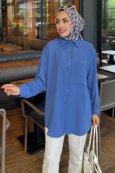 Tesettür Diyarı Cămașă hijab pentru femei Linda din țesătură cu buzunar - albastru