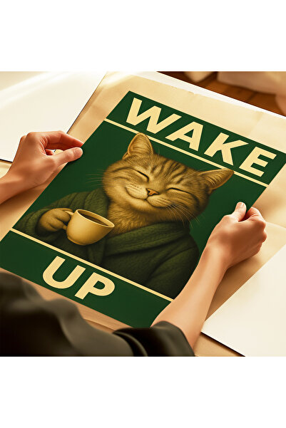 ARTHOUSECOLLECTIVE Poster WAKE UP Cat – Poster decorativ umoristic cu tematică cafea - Poster fără cadru în dimensiuni de pictură