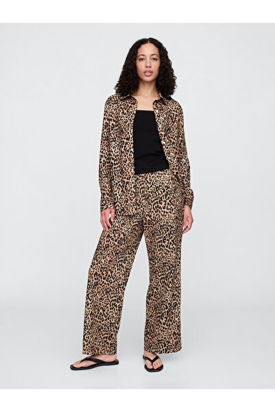 GAP Kadın Kahverengi Mid Rise Keten Karışımlı Pull-On Wide-Leg Pantolon