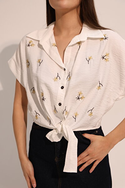 AURRARİ Daisy Patterned Ecru Color Short Sleeve Linen Shirt