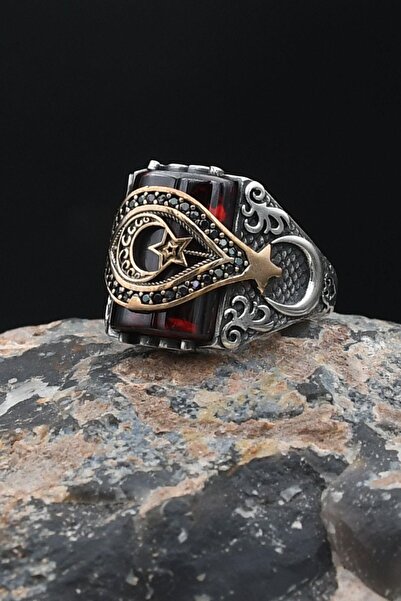 Prestige 925 Ayar Gümüş Kırmızı Zirkon Taşlı Ay Yıldızlı (AYYILDIZLI) Erkek Y...