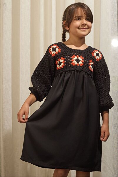 Talinhandmade Handmade Motif Black Long Sleeve Girl's Dress