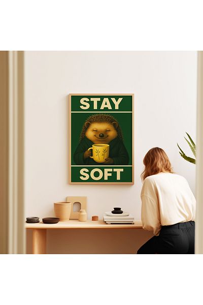 ARTHOUSECOLLECTIVE Плакат с таралеж STAY SOFT - Минималистичен декоративен плакат за кафе - Безрамков плакат с размер на маса