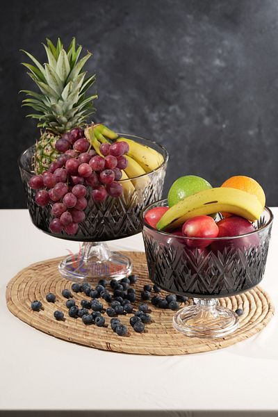 Multiamo Star Model Handmade Footed Gray Color Glass 2-Piece Bowl 25X20 Cm-16X17 cm