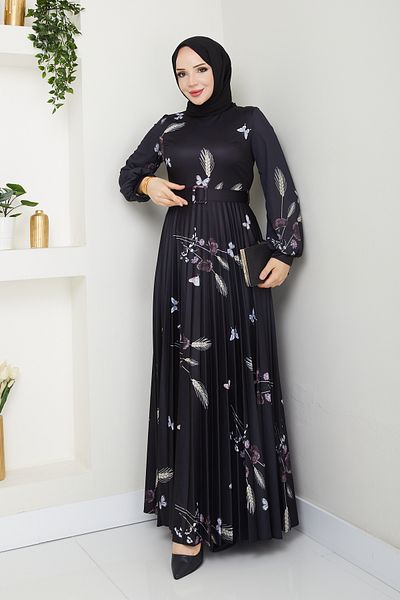 Pamuk Butik Γυναικείο φόρεμα με στάμπα με πλισέ σχέδιο σίτου με ζώνη