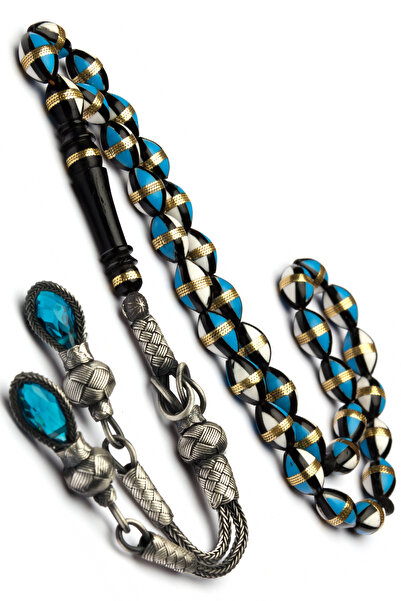 EHİNOS سبحة كوكا مطرزة بالمينا الزرقاء مع شهادة فضية