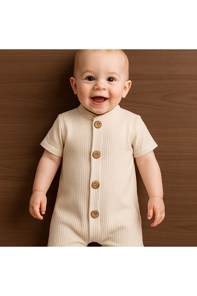 Bubito Short Sleeve Wooden Button Cotton Summer Jumpsuit-Beige