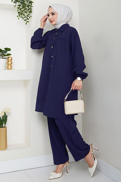 hafsamina Διπλό Σετ με Πουκάμισο Συγκεντρωμένο Navy Blue HM2689