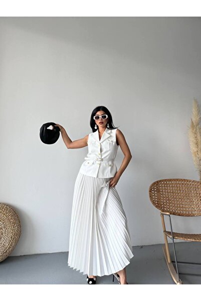 Bella Breeze Women's Belted Buttoned Vest Pleated Skirt Suit