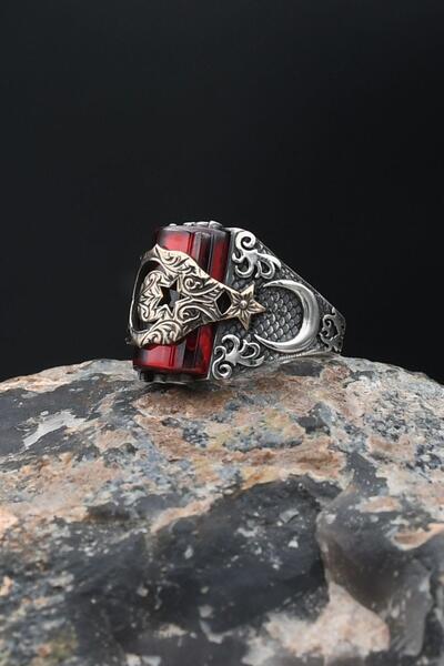 Prestige Erkek Yüzük 925 Ayar Gümüş Ay Yıldızlı (AYYILDIZLI) Kırmızı Zirkon Taşlı 901878