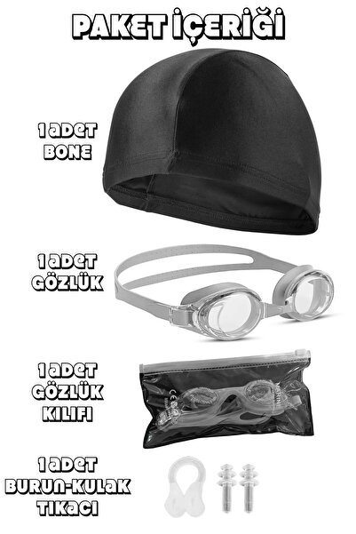 Ozsport Yüzücü Gözlüğü 4LÜ SET Boneli Kulak & Burun Tıkaçlı Ayarlanabilir Deniz Havuz Yüzme Gözlüğü