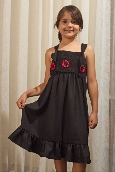 Talinhandmade Motifed Strap Summer Girl's Dress Black