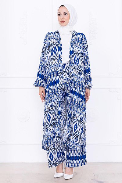 hafsamina Seva Patterned Viscose Kimono Set Blue Hm2762