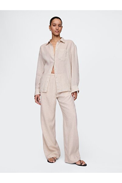 GAP Kadın Bej Keten Karışımlı Easy Wide Leg Pantolon