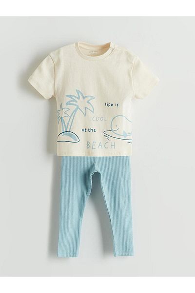 LC Waikiki Lcw Baby Ecru Organic Fabric Baby Boy T-Shirt and Pants 2-Piece (S5)