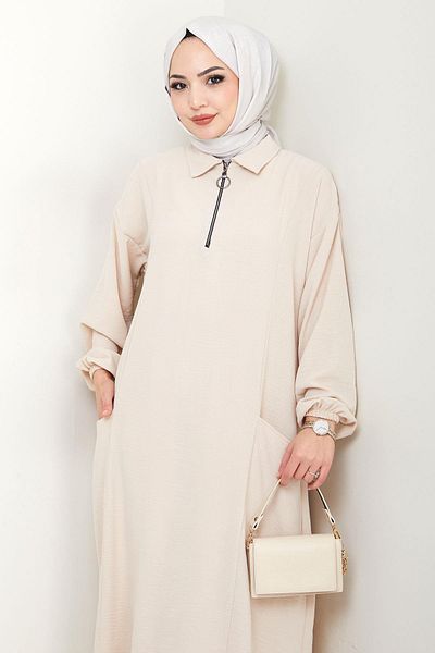 hafsamina Ayrobin Suit with Half Zipper Pocket Beige Hm2759