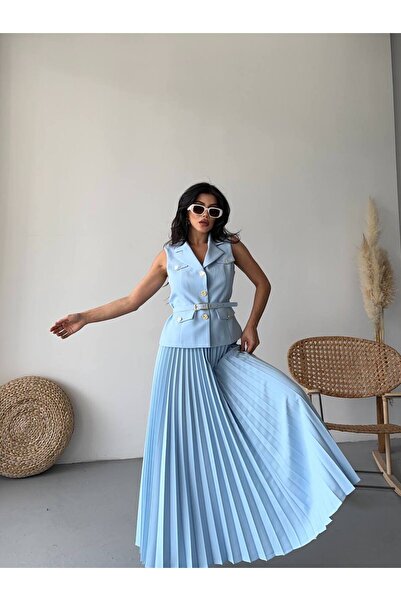 Bella Breeze Women's Belted Buttoned Vest Pleated Skirt Suit