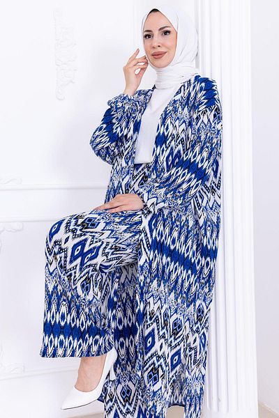 hafsamina Seva Patterned Viscose Kimono Set Blue Hm2762