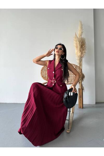 Bella Breeze Women's Belted Buttoned Vest Pleated Skirt Suit