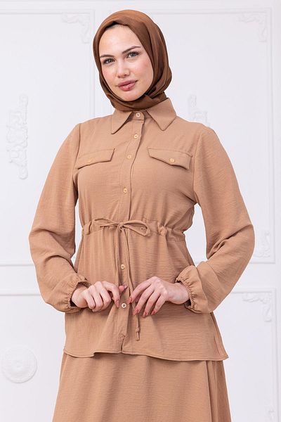 hafsamina Ayrobin Suit with Tie Waist Skirt Camel Hm2734