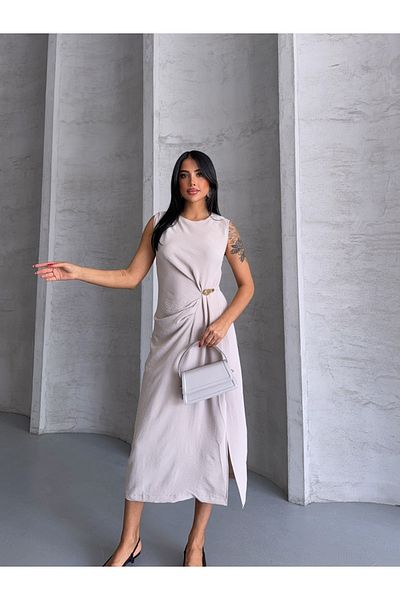 R&G RIMANERE GIOVANI Women's Buckle Detailed Sleeveless Midi Dress - Summer Stylish Dress