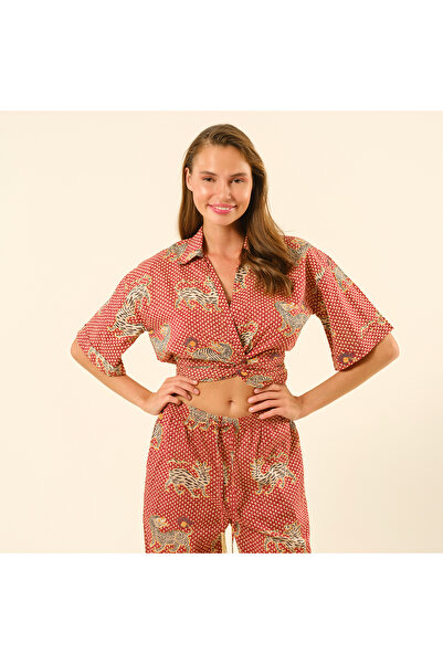 Zsa Zsa Zsu Gaya El Baskılı Önden Bağlamalı Pamuk Gömlek - Kırmızı