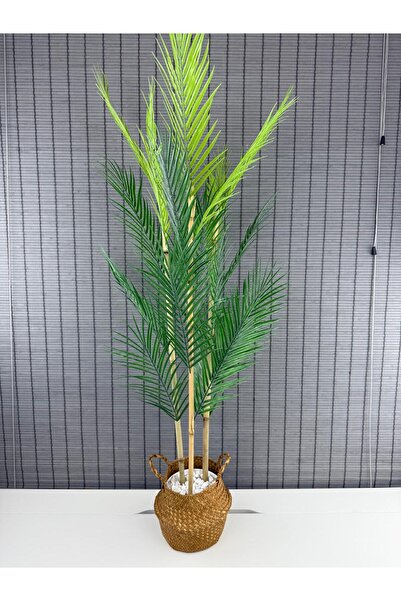 Bahçem Dekoratif Yapay Yapraklı Natural Hasır Bambu Sepetli Areka Palmiye Ağacı 3 Gövde 120cm