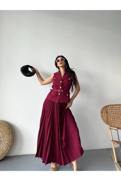 Bella Breeze Women's Belted Buttoned Vest Pleated Skirt Suit