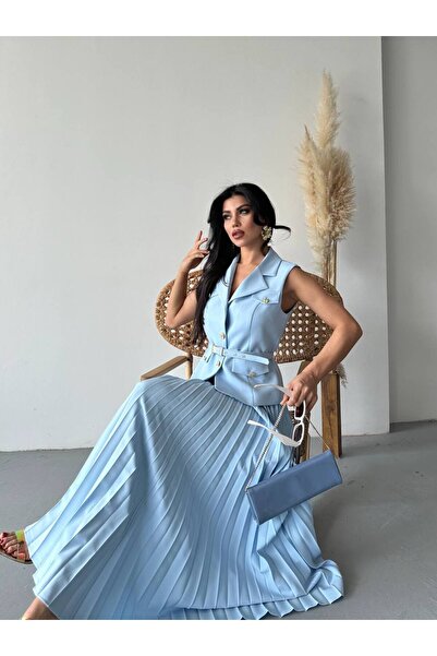 Bella Breeze Women's Belted Buttoned Vest Pleated Skirt Suit