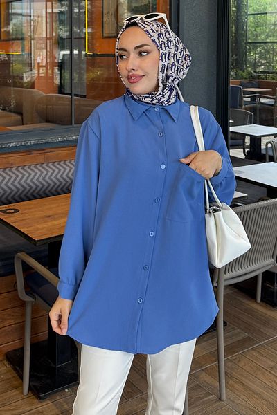 Tesettür Diyarı Cămașă hijab pentru femei Linda din țesătură cu buzunar - albastru