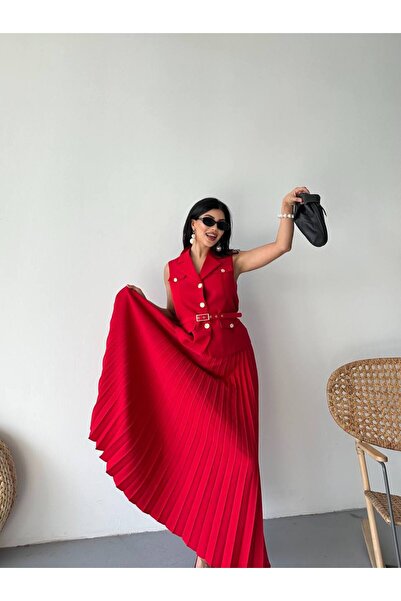 Bella Breeze Women's Belted Buttoned Vest Pleated Skirt Suit