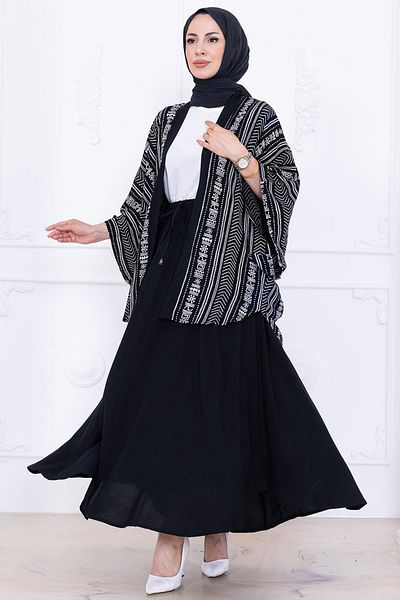 hafsamina Patterned Skirt Kimono Set Black Hm2766