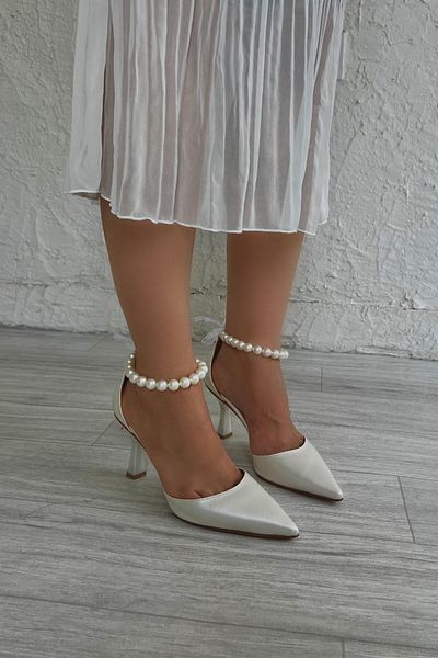 Elvessa Women's Mother of Pearl 7 cm Heeled Shoes with Ribbon Pearl Detail Dowry Bride Engagement Model
