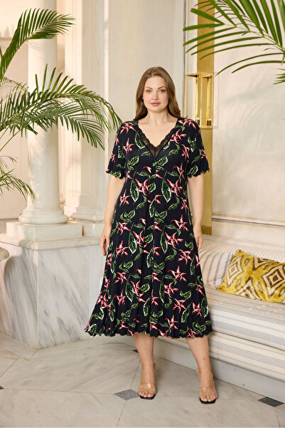 Miss Meryem Çiçek Desenli Lacivert Ring Viskon Kısa Kol Elbise