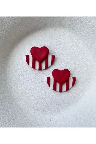 ACCESSORY Red White Striped Heart Design Earrings