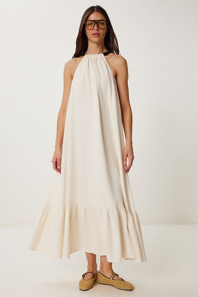 Lovelyİstanbul Rochie de vară din in cu bretele contrastante CREAM LFG0007