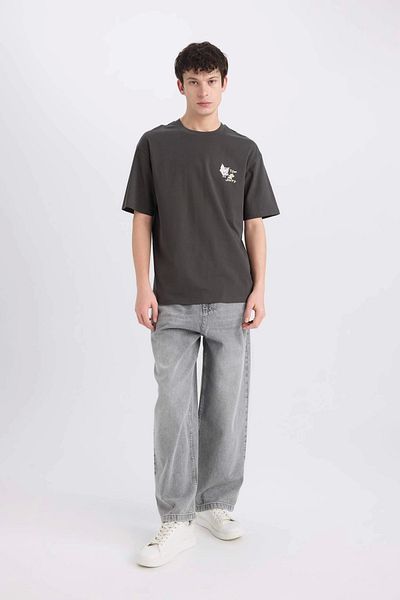 DeFacto E0617 Anthracite Tom & Jerry Boxy Fit Crew λαιμόκοψη με στάμπα με κοντομάνικο μπλουζάκι