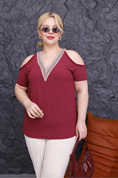 Siyezen Plus Size Lace Collar Off Shoulder Low-Cut Blouse